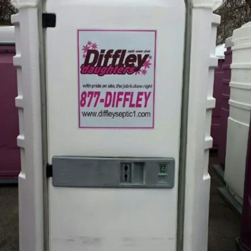 White utility box with a pink Diffley sign, phone number, and website on a gated property gate