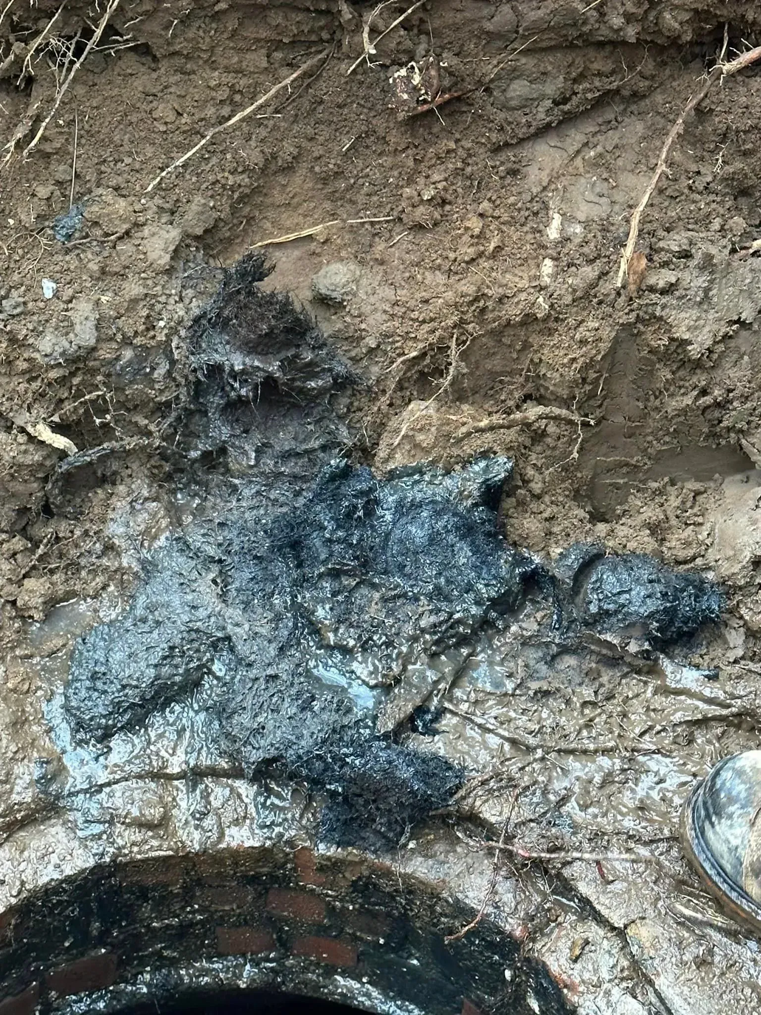 Dark, charred residue on dirt above a partially visible round metal object