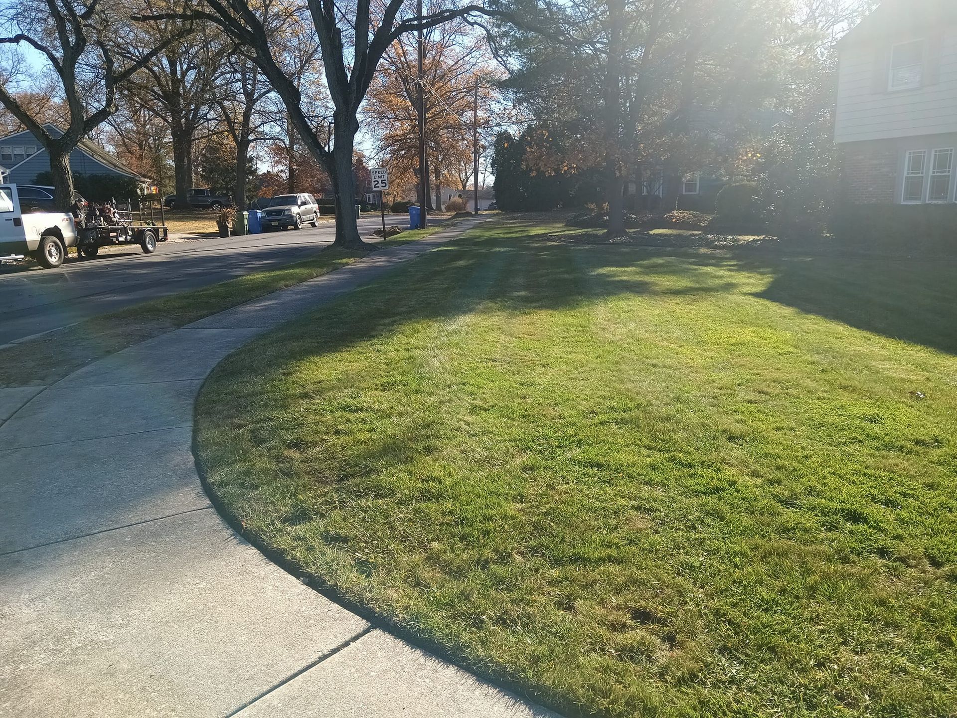 A lush green lawn is surrounded by trees and a sidewalk.