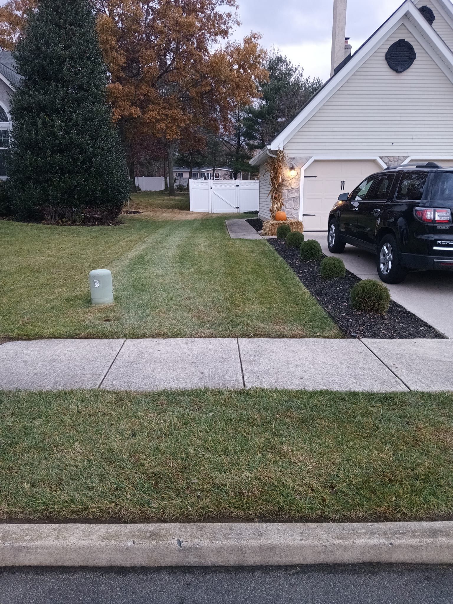 A black suv is parked in front of a house with a lush green lawn.