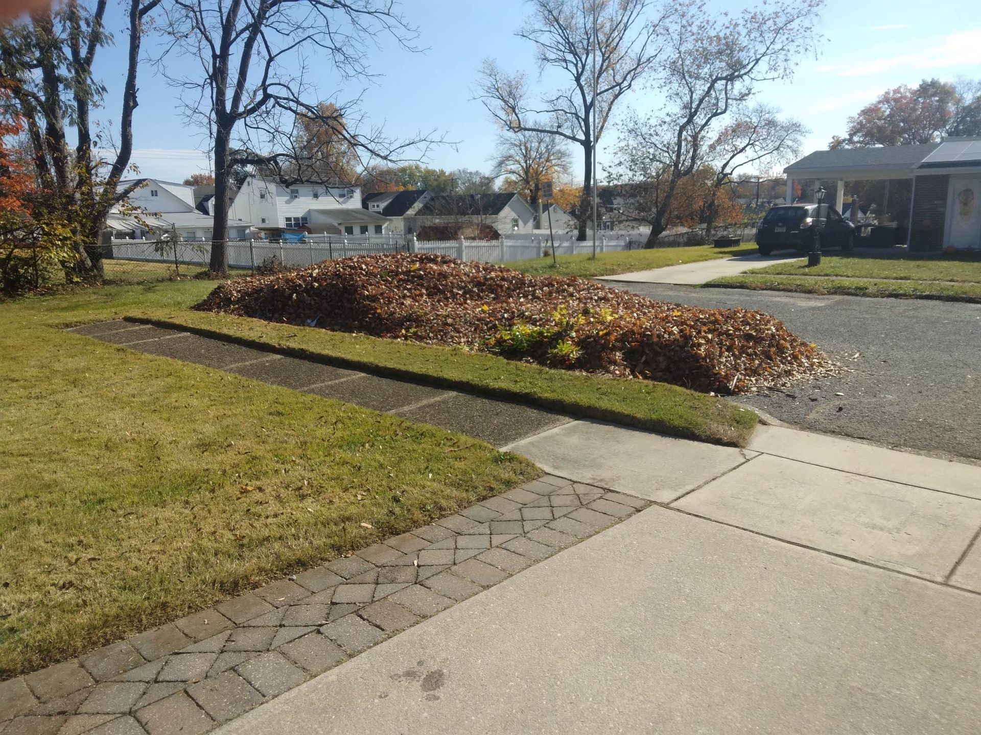 A pile of leaves is on the sidewalk in front of a house