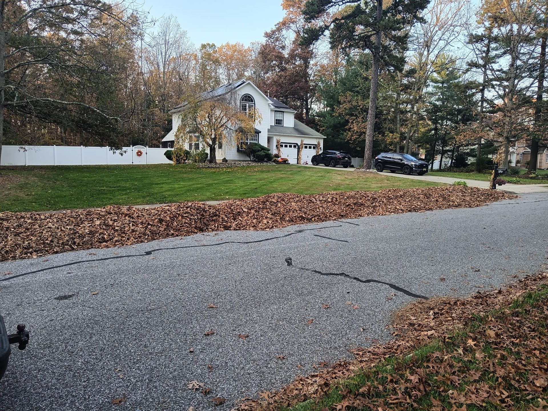A driveway filled with leaves and a house in the background.
