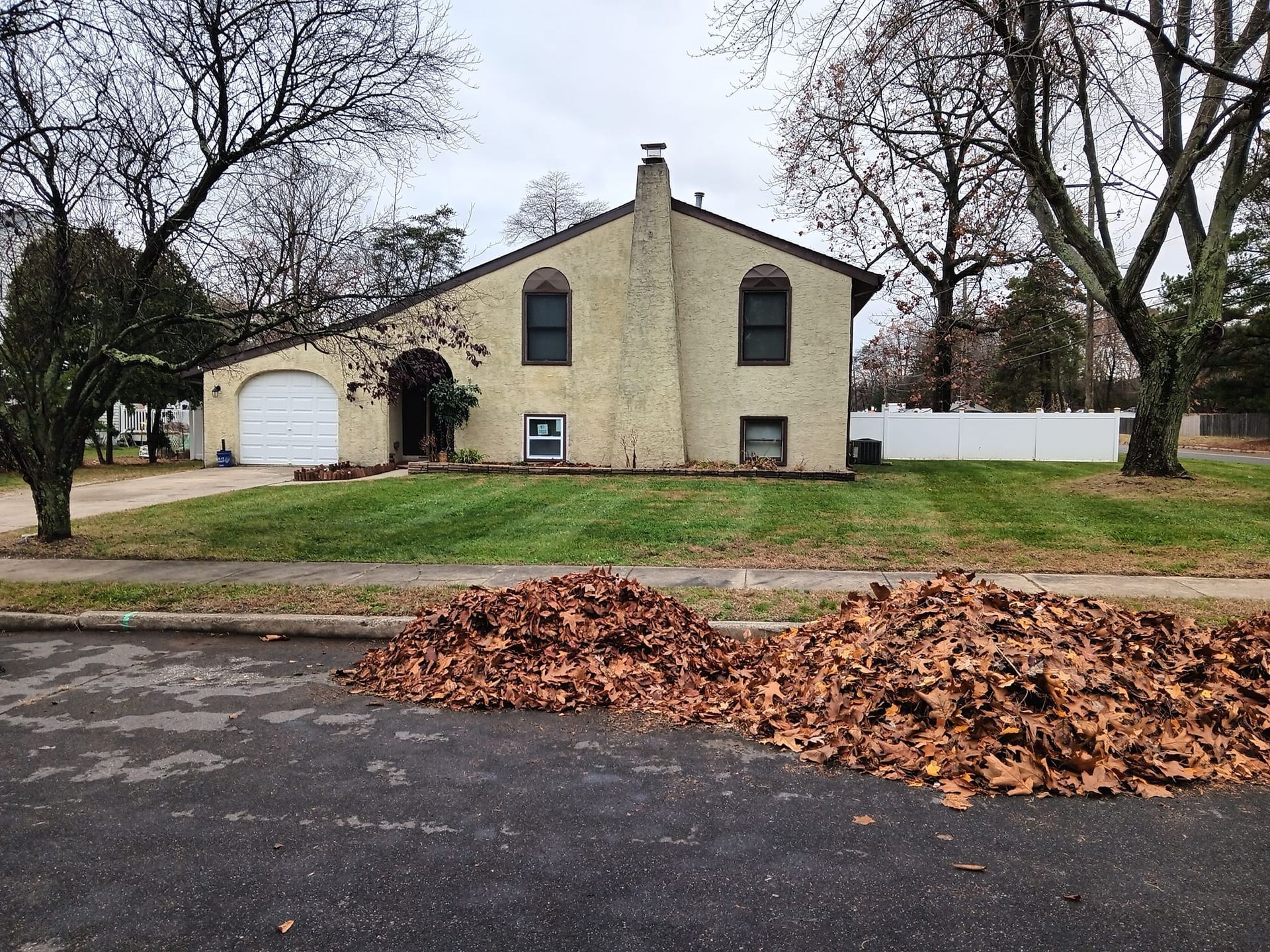 A pile of leaves is on the side of the road in front of a house.