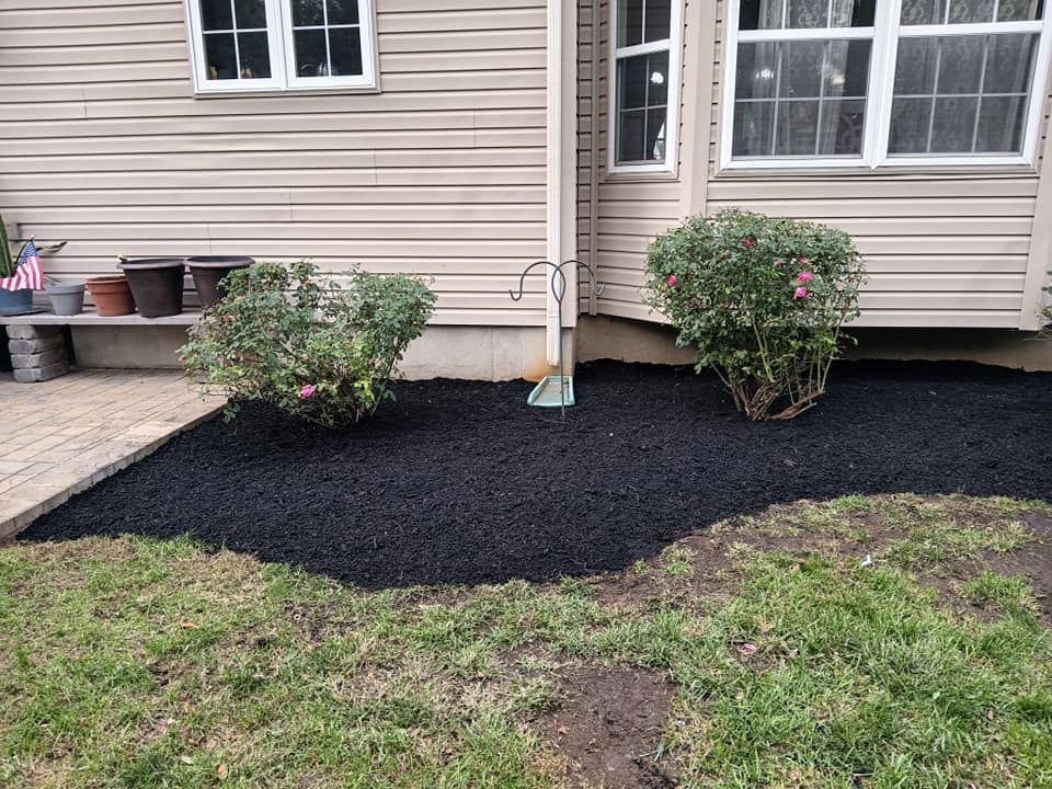 A house with a lot of black mulch in front of it.