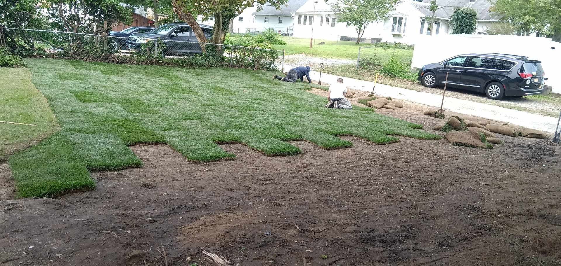 A black suv is parked in a driveway next to a lush green lawn.