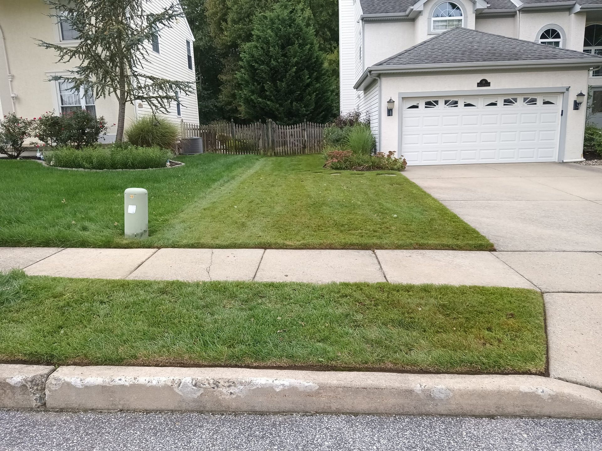 A house with a white garage door and a lush green lawn