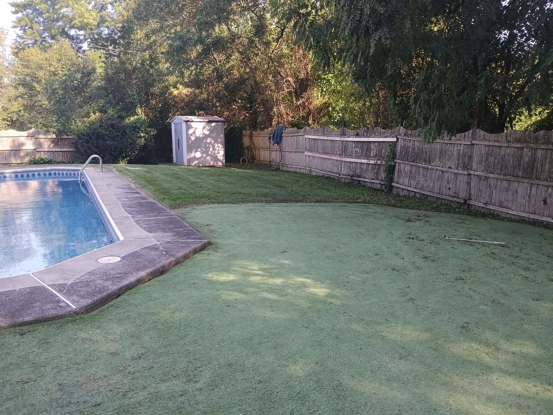 A swimming pool is surrounded by a stone fence and a lush green lawn.