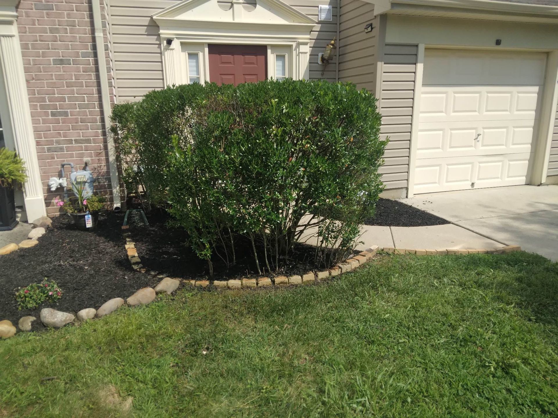 A house with a garage and a bush in front of it.