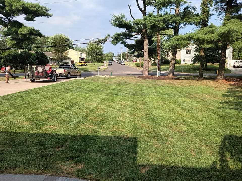 A lawn mower is cutting a lush green lawn in a residential neighborhood.