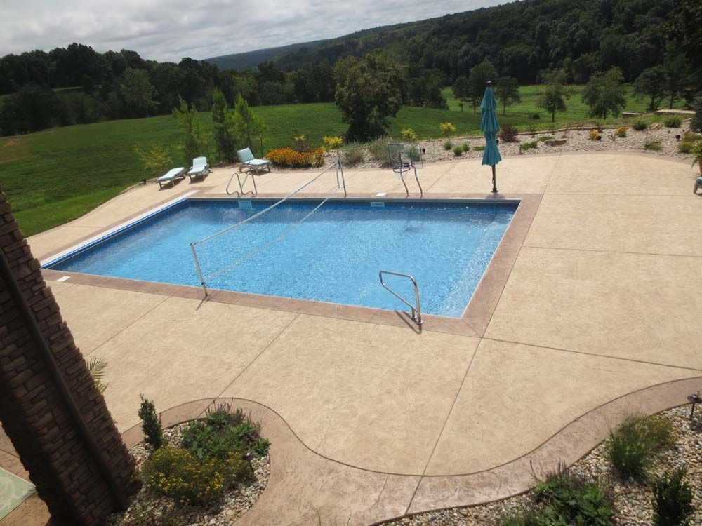 An aerial view of a large swimming pool