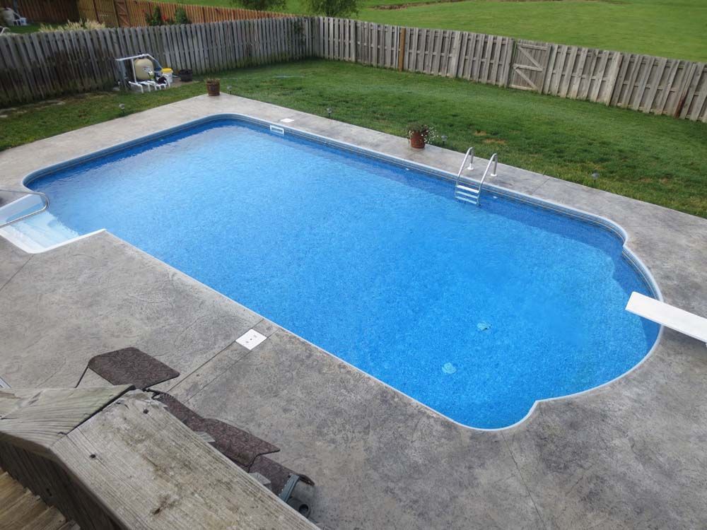 An aerial view of a large swimming pool in a backyard.