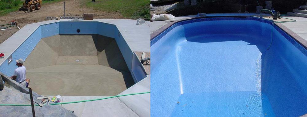 A before and after picture of a swimming pool being built