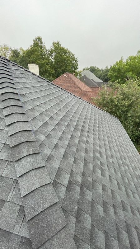 Gray asphalt shingle roof with a backdrop of trees and a glimpse of other roofs.