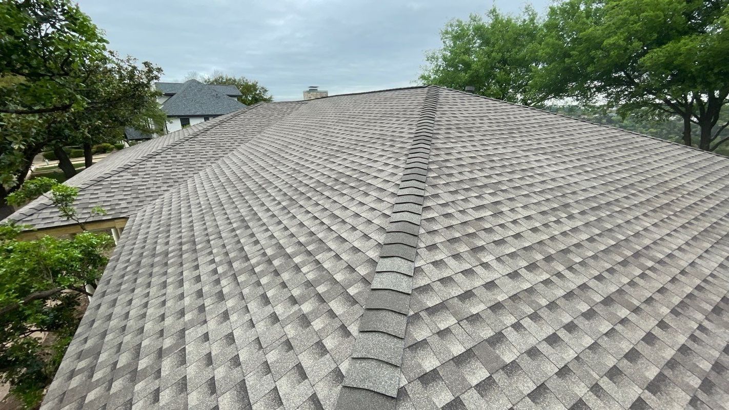 Grey asphalt shingle roof on a house, angled view, overcast sky, trees visible in background.
