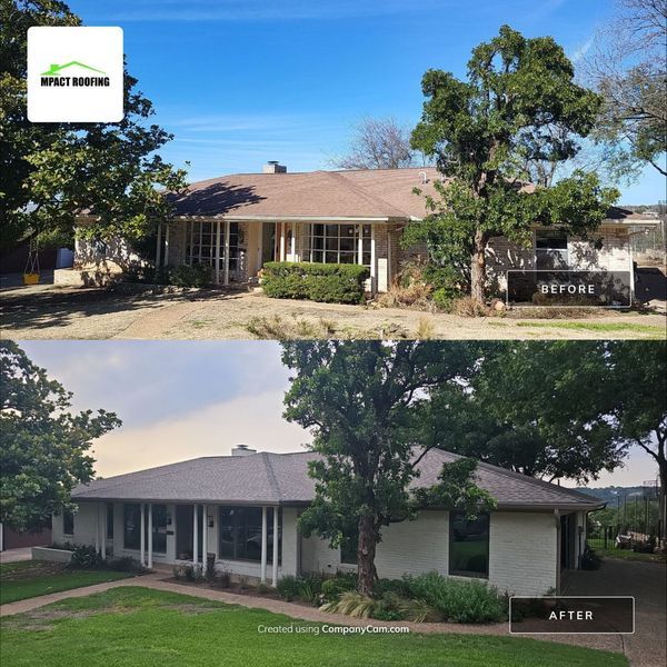 Before and after view of a house. The top shows a worn roof, the bottom a new gray roof.