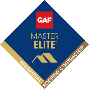 GAF Master Elite Residential Roofing Contractor badge. Dark blue diamond with gold accents.