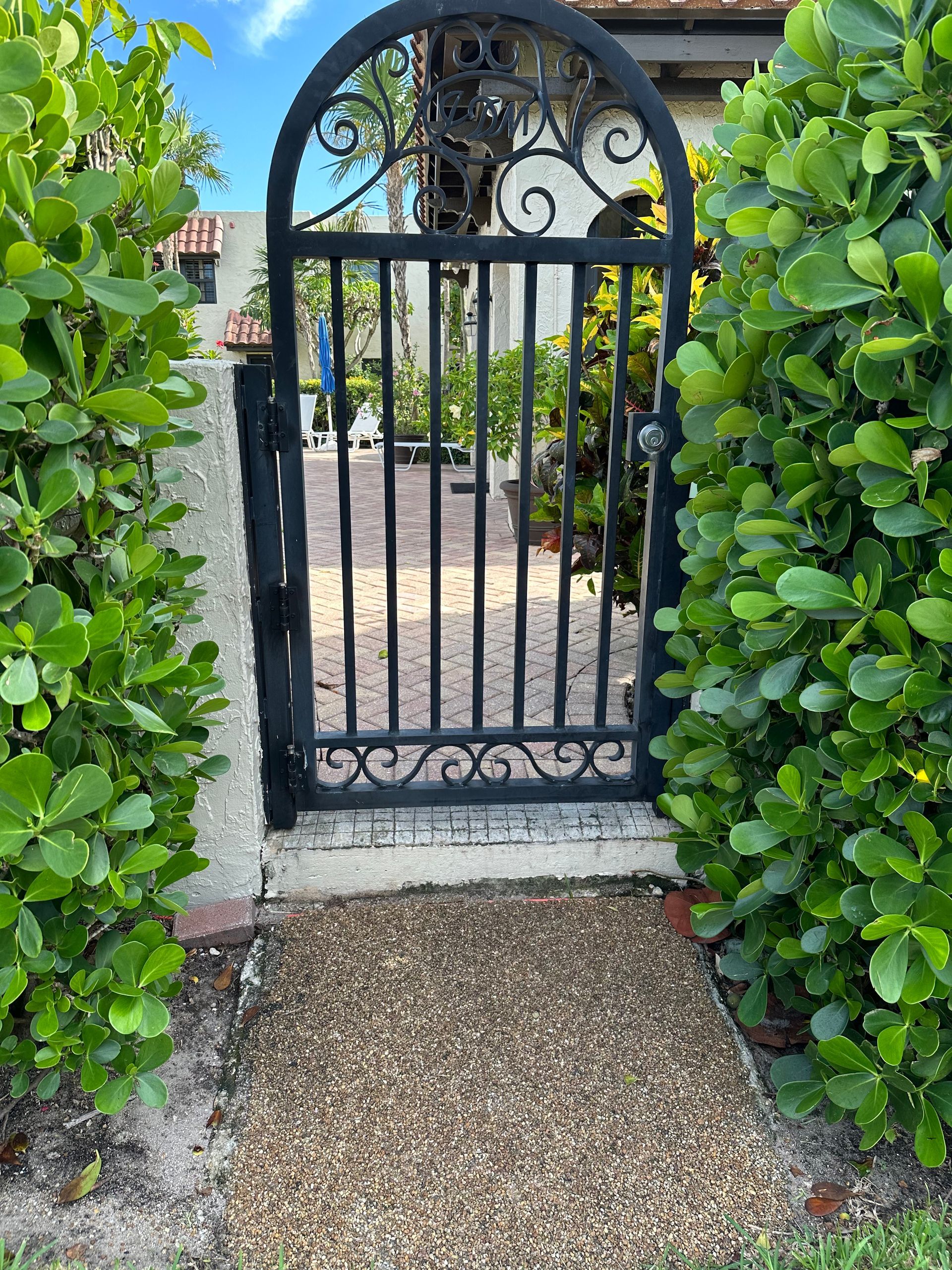 Black wrought-iron garden gate framed by lush green hedges and a stone walkway
