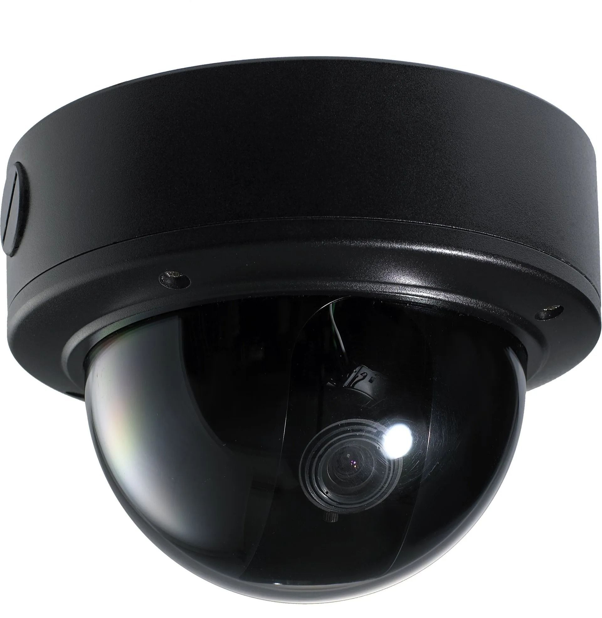 Black dome security camera with reflective lens on a white background