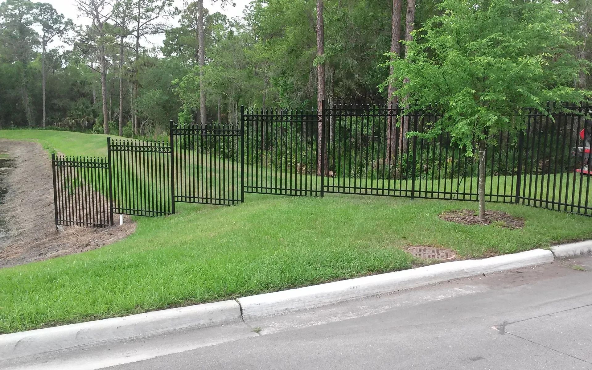 Black metal fence along a grassy roadside with trees in the background