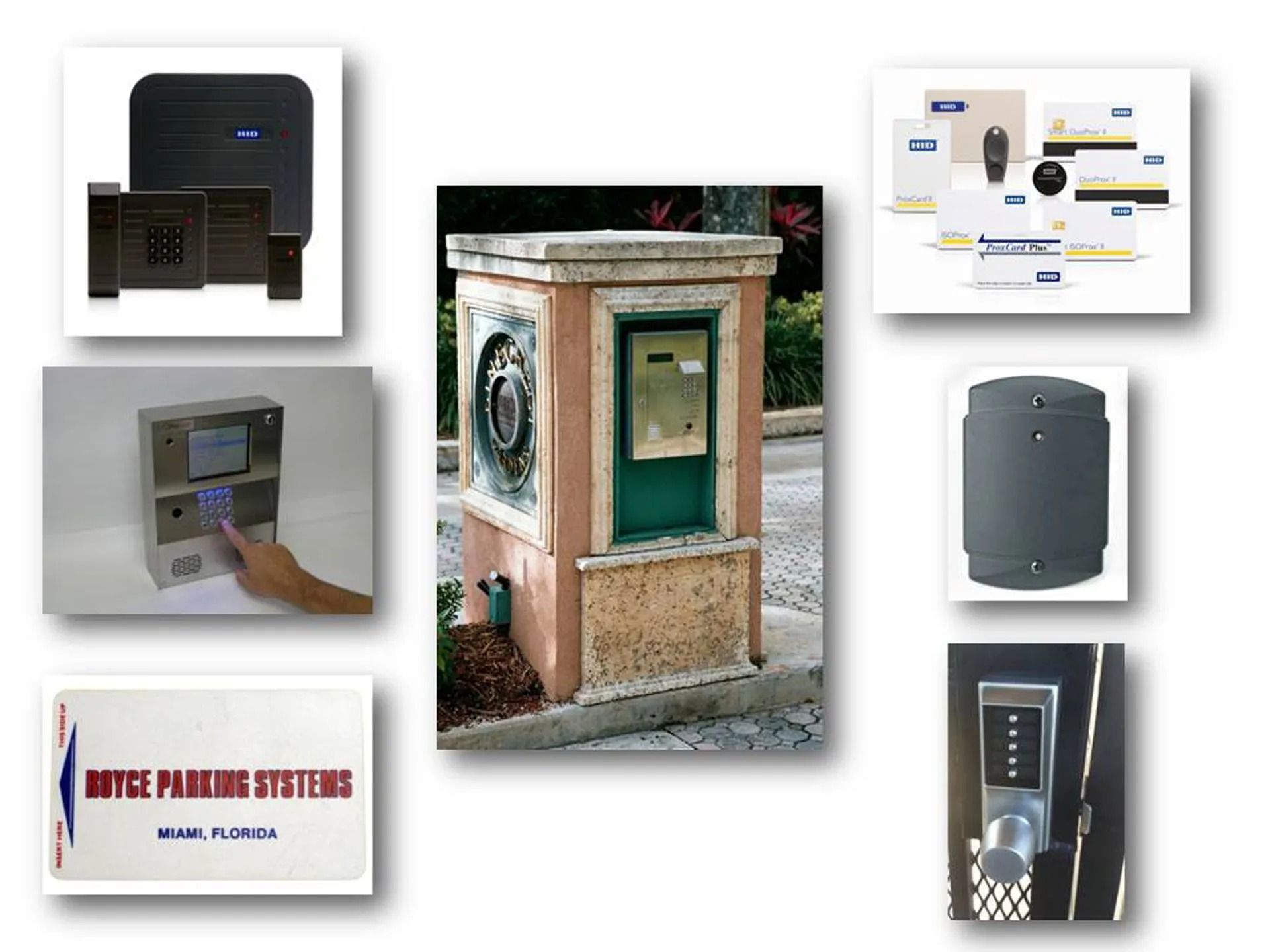 Collage of secure storage devices and access panels, including a central metal utility box.
