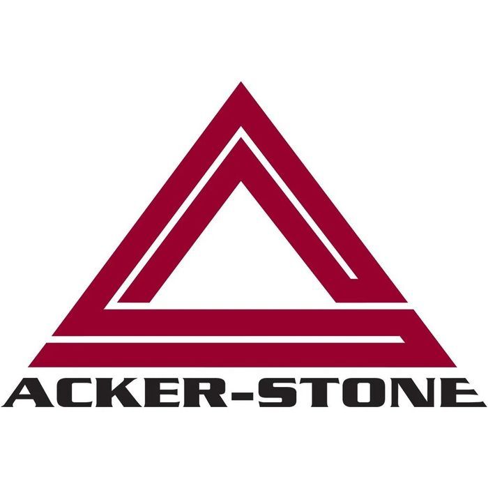 Logo for Acker-Stone, featuring a burgundy triangle with a stylized 