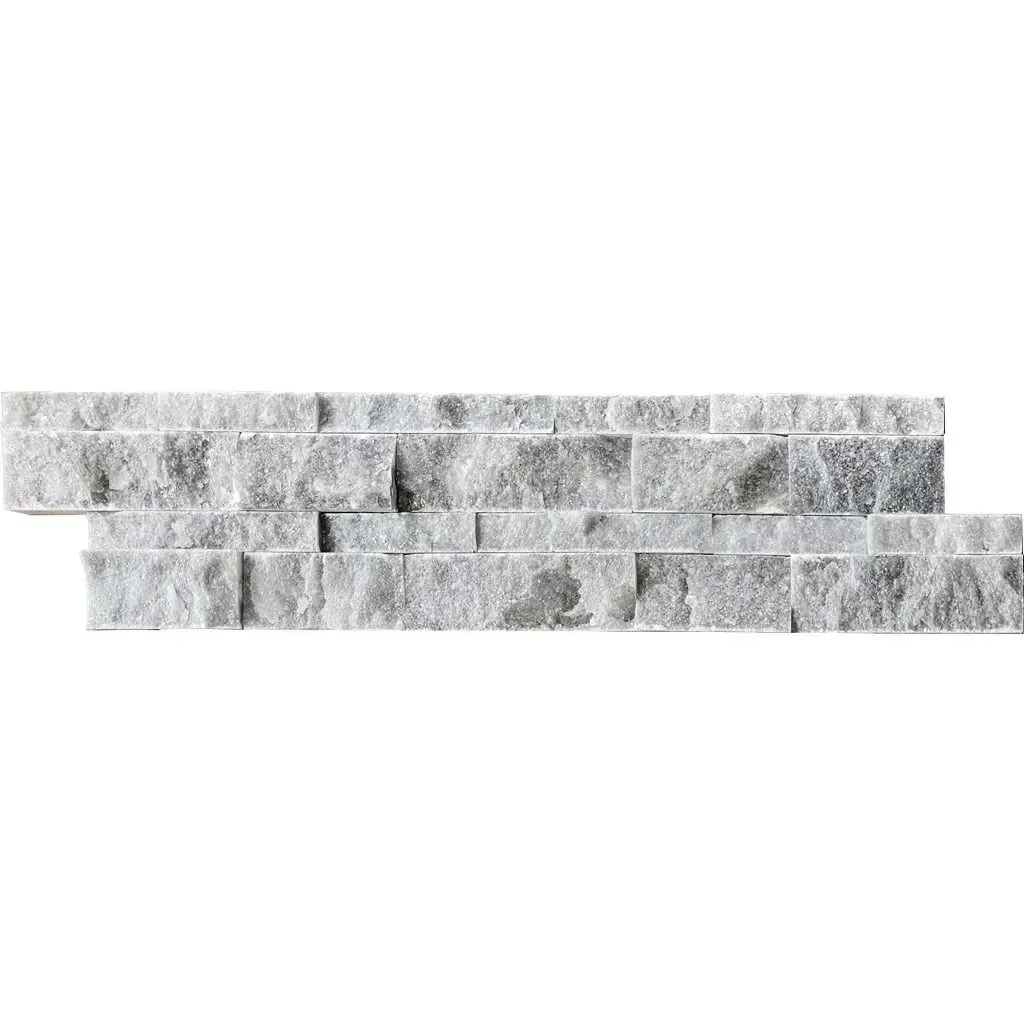 Gray and white stone tile. Stacked, irregular brick design.