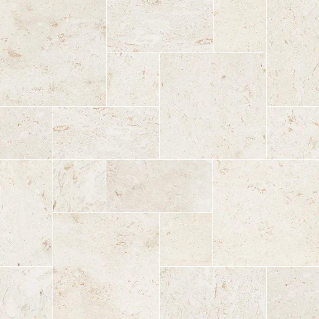 Beige rectangular stone tile flooring.