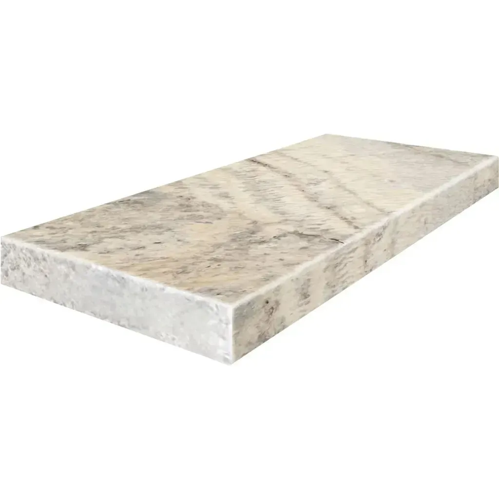 White and gray marble countertop with slightly beveled edges.
