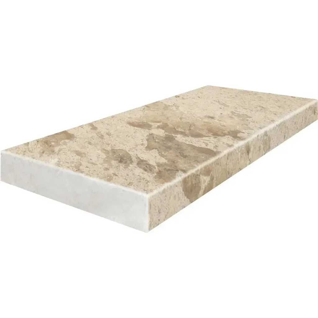Beige stone shelf with a light-colored edge.