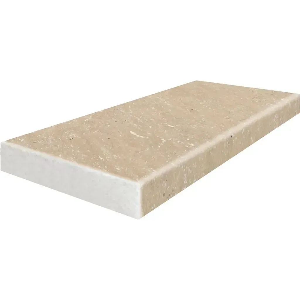 Beige rectangular stone windowsill with a white bottom edge.