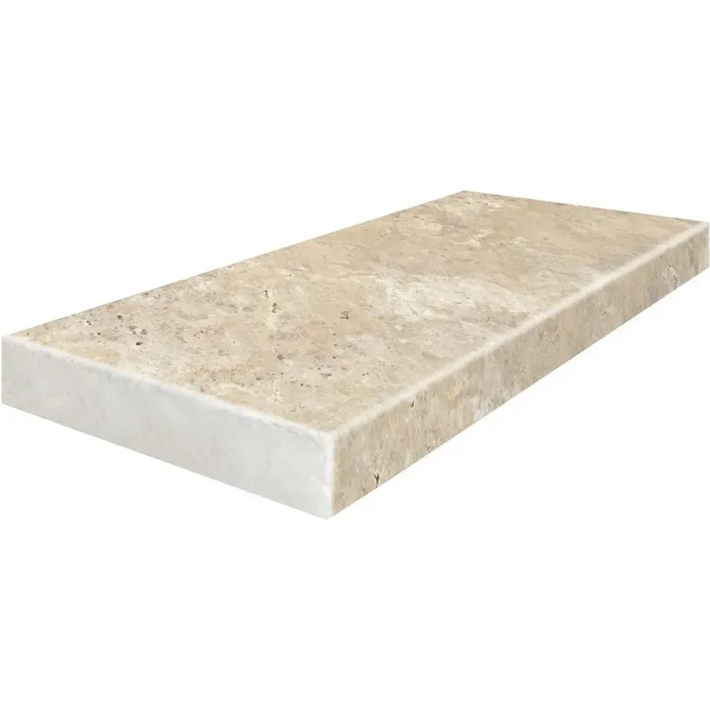 Beige and tan rectangular stone tile with white edge.