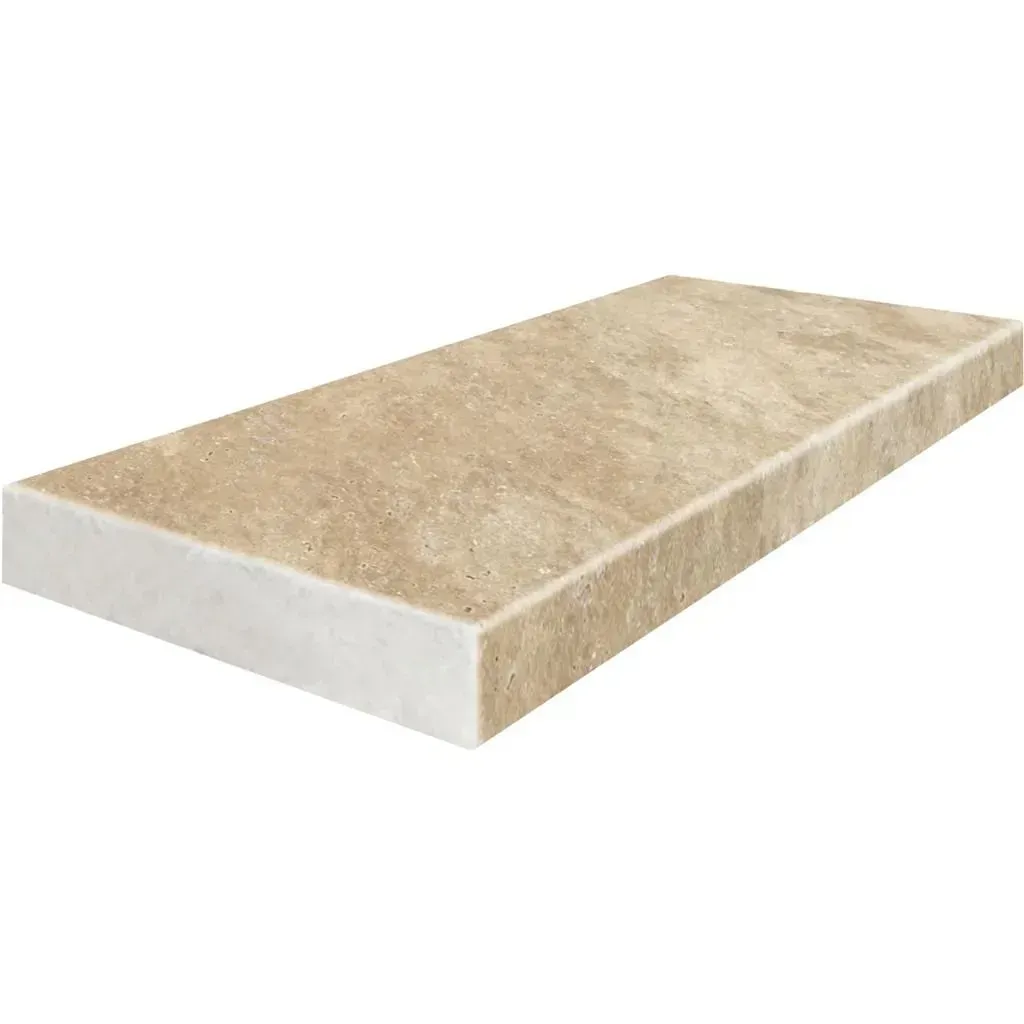 Beige rectangular stone tile with light tan top and white side.