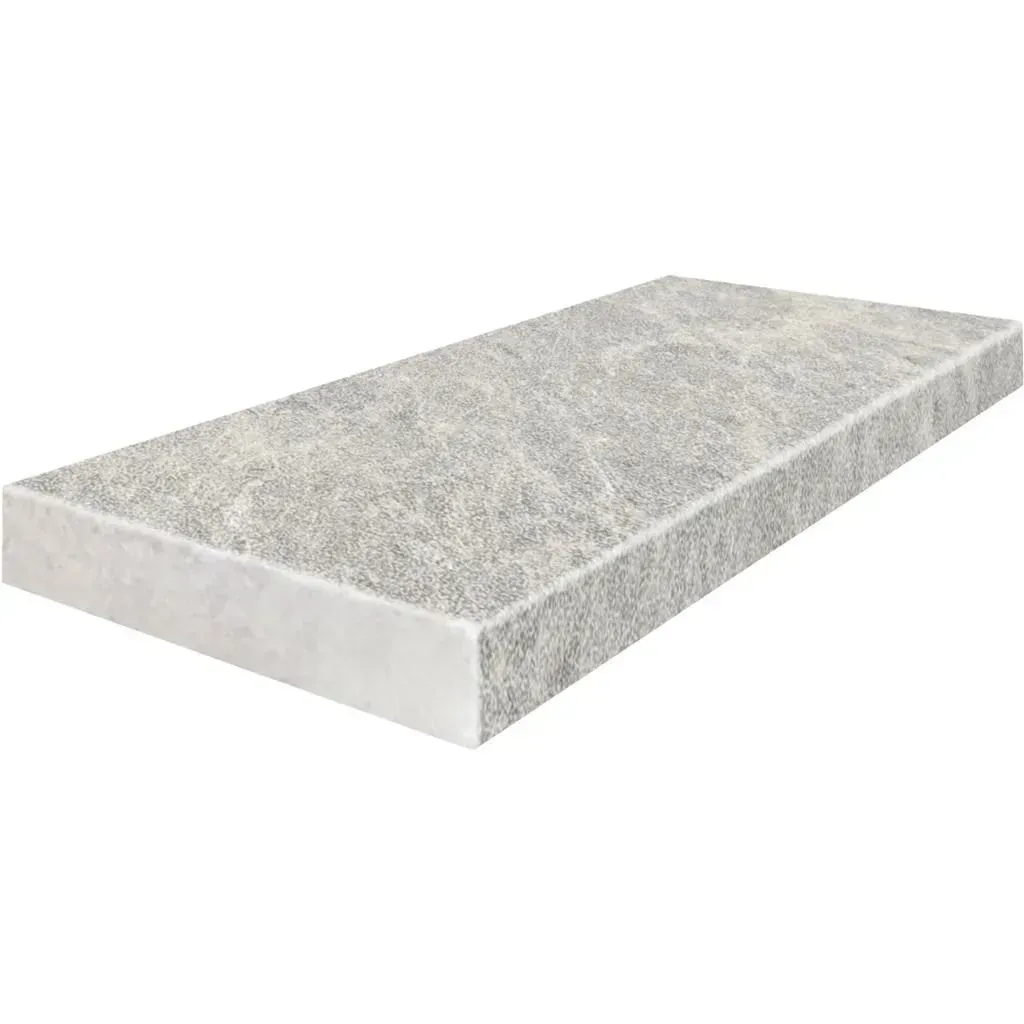 Rectangular, light-gray, textured stone slab with a white edge.