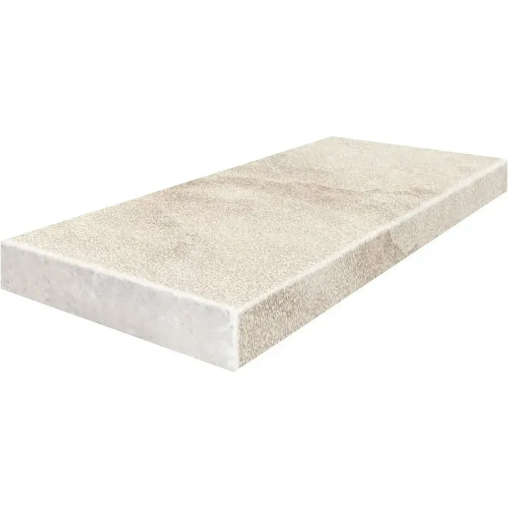 Beige rectangular stone tile with rough, textured surface.