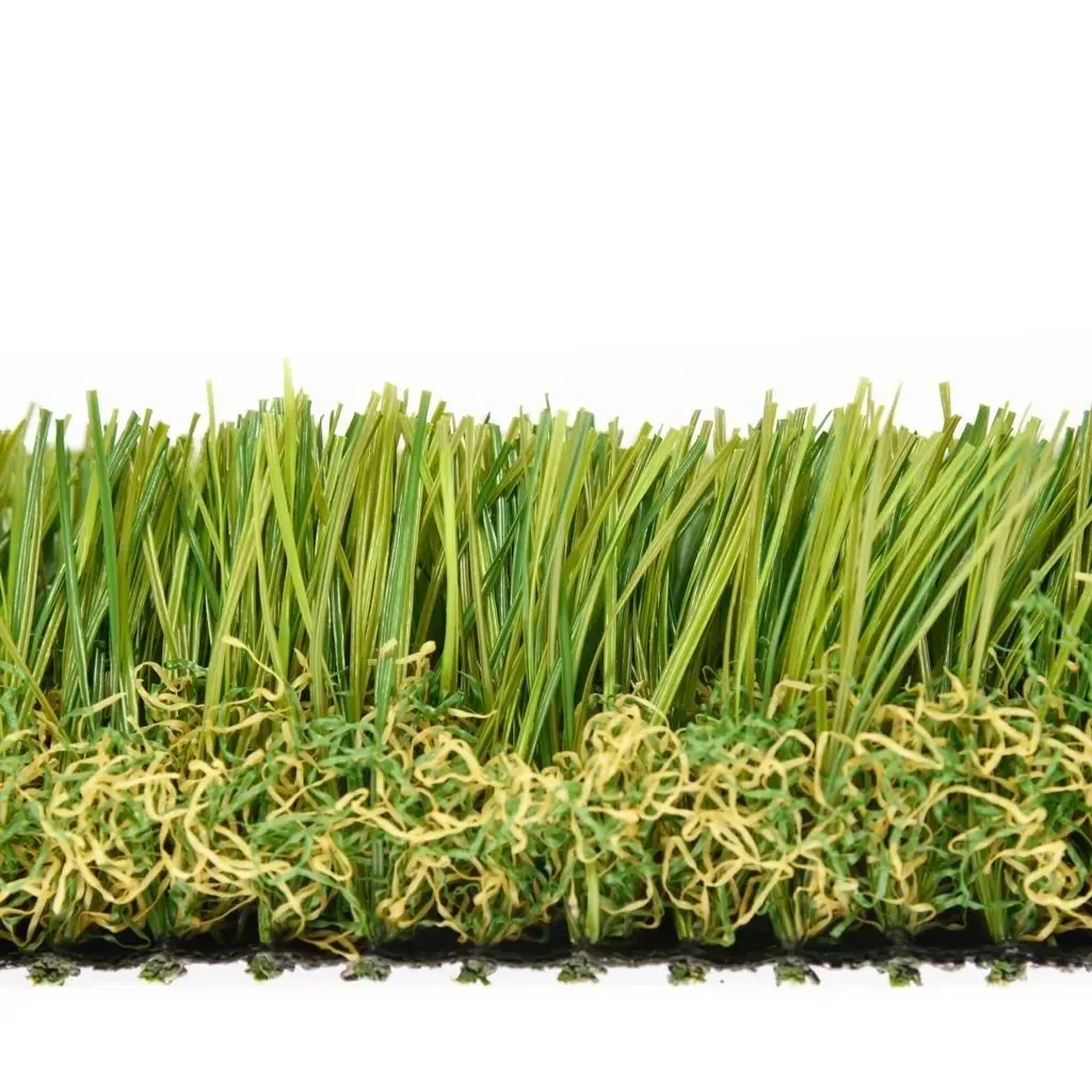 Section of artificial turf, showing green and yellow blades attached to a black base.