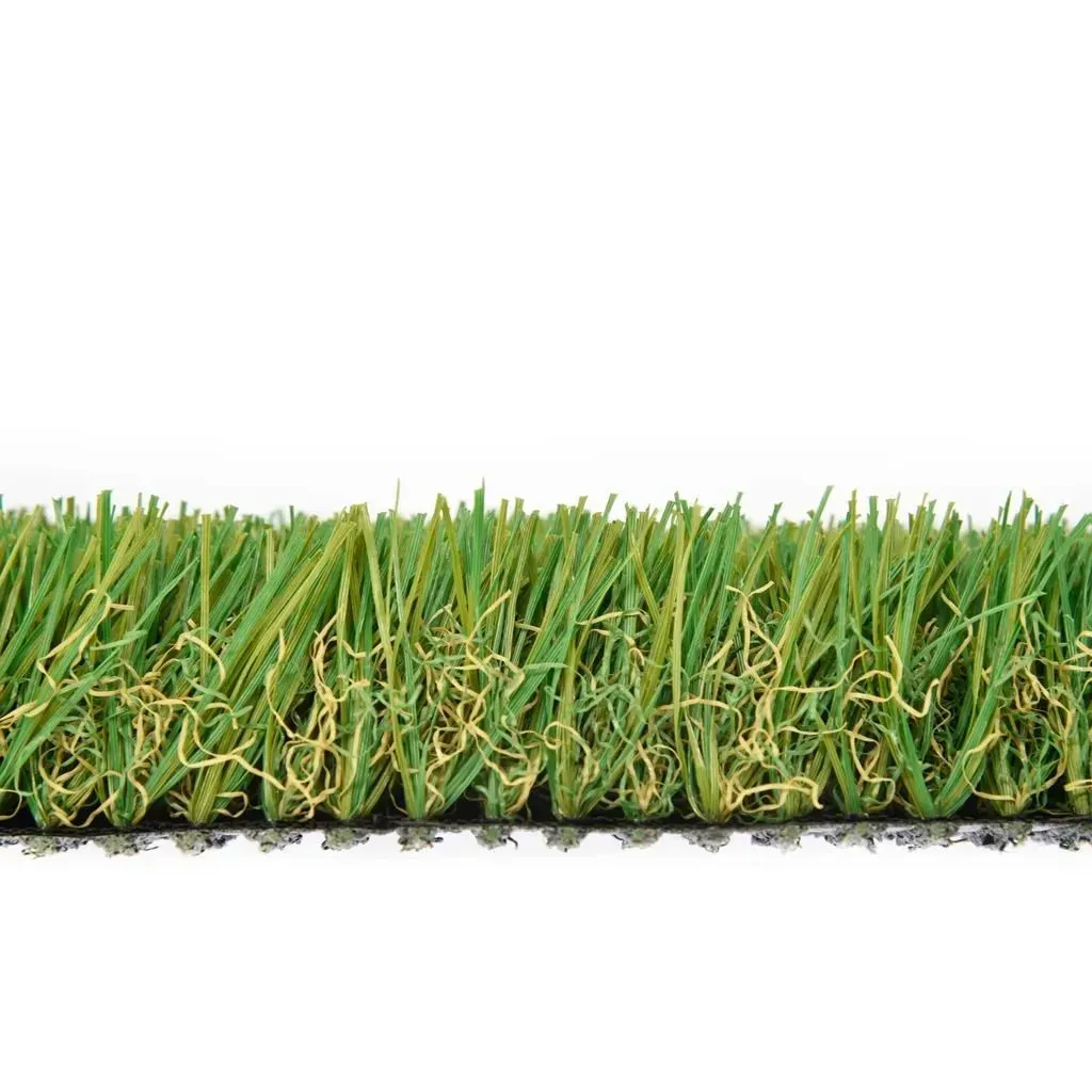 Green and yellow artificial turf, close-up view against a white background.