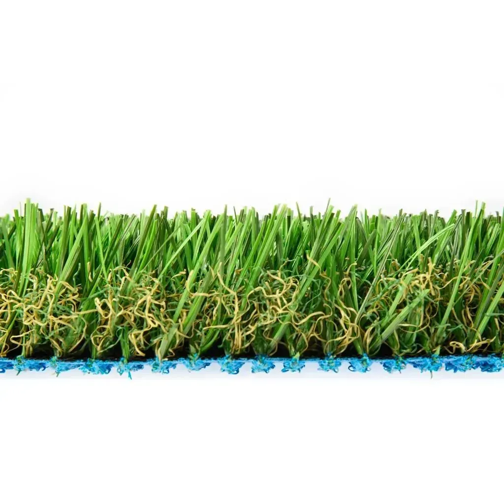 Artificial turf, green and tan blades, blue backing.