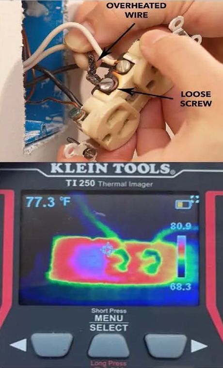 A picture of an overheated wire next to a picture of a loose screw