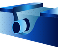 Cutaway view of a blue underground drainage system with a pipe and surrounding layers of earth and gravel.