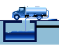 Septic tank being emptied by a blue tanker truck; the hose is inserted into the tank.