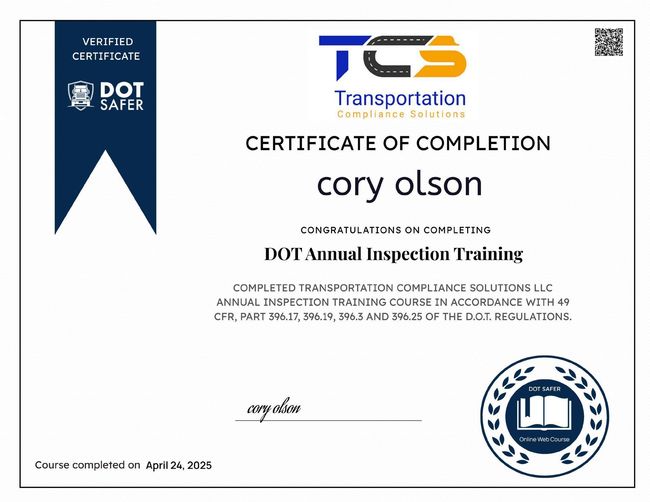 Certificate of Completion awarded to Cory Olson for DOT Annual Inspection Training by Transportation Compliance Solutions.