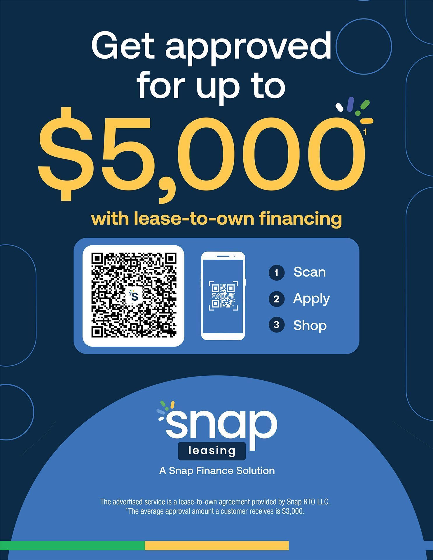 A dark blue promotional sign for Snap Finance offering up to $5,000 via a QR code for lease-to-own financing.