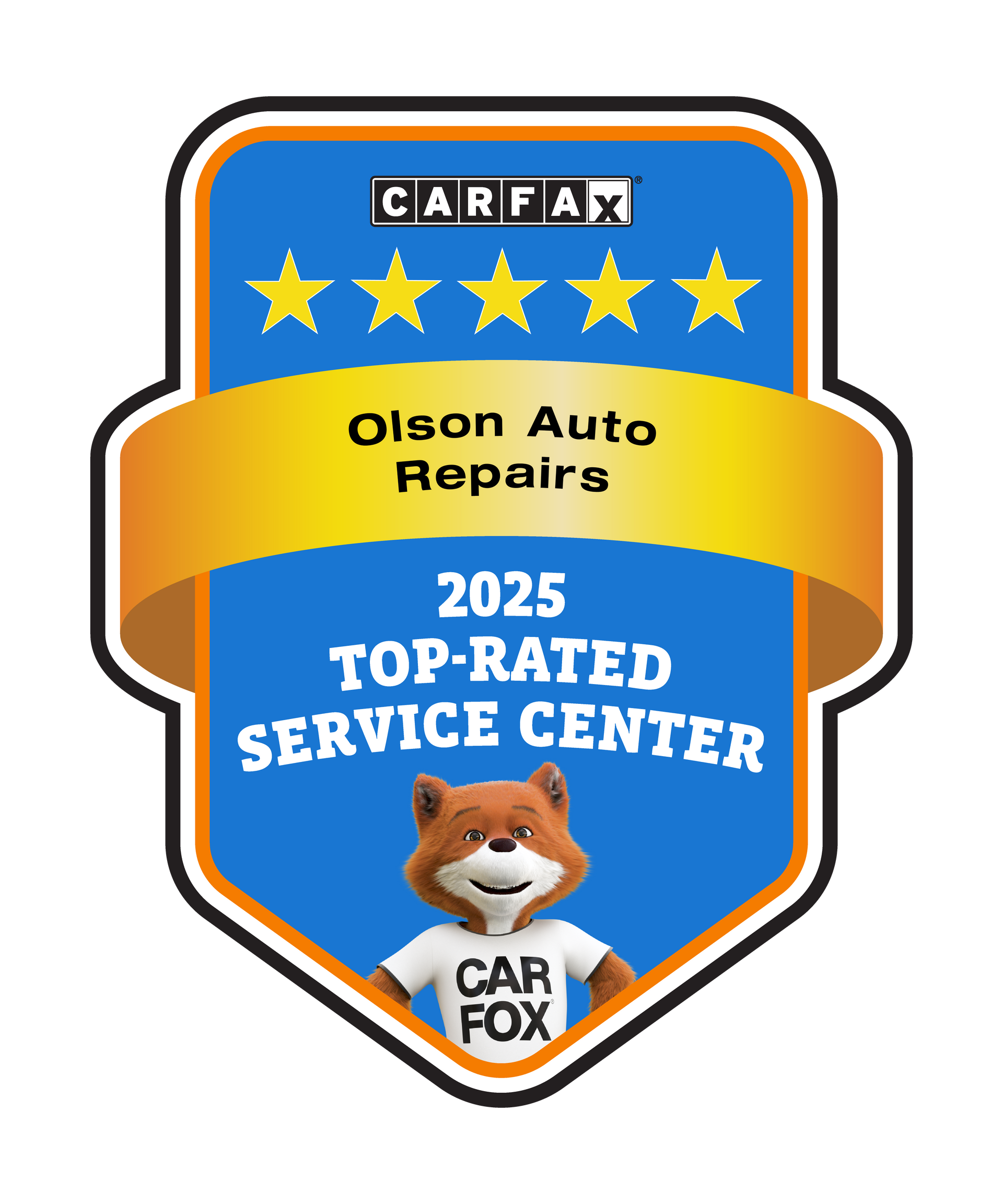CARFAX 2025 Top-Rated Service Center award badge for Olson Auto Repairs, featuring the CARFAX fox character.