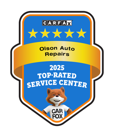 CARFAX 2025 Top-Rated Service Center award badge for Olson Auto Repairs, featuring the CARFAX fox character.