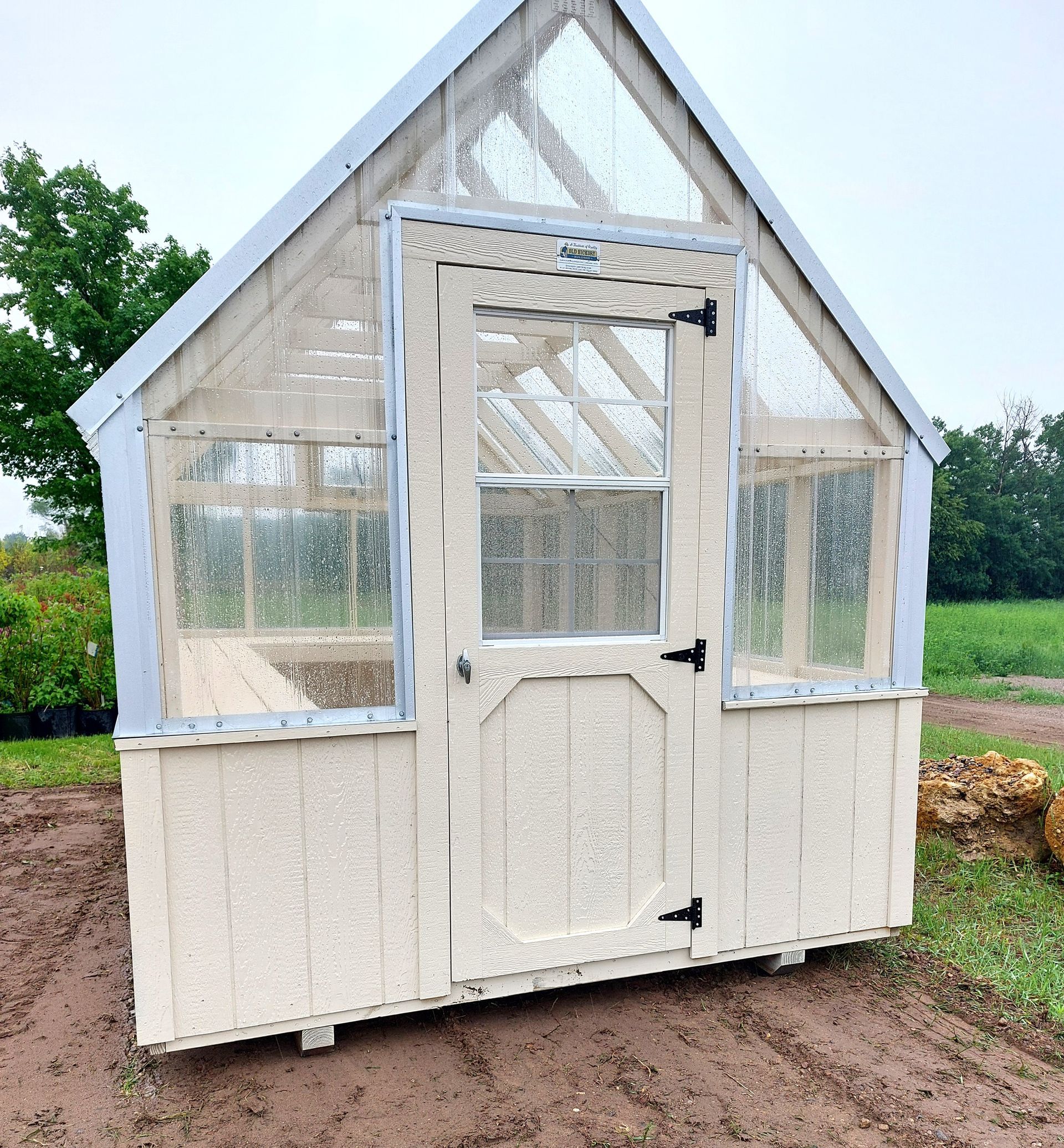 A small, light-colored wooden greenhouse with clear panels and a centered door, set on a dirt patch in a grassy field.