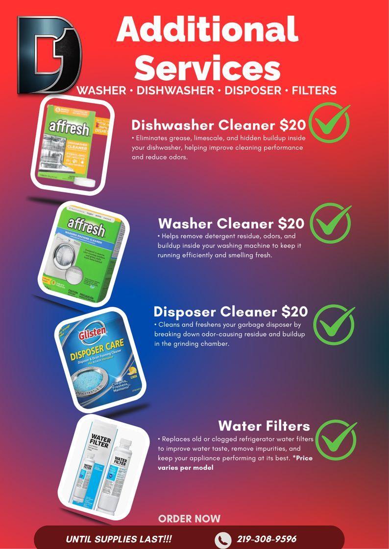 Promotional flyer for additional services: dishwasher, washer, disposer cleaning and water filter installation.