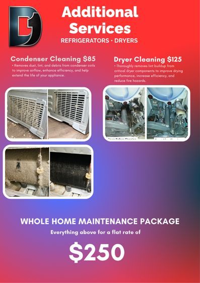 Promotional flyer for Additional Services: refrigerator and dryer cleaning, whole home maintenance package $250