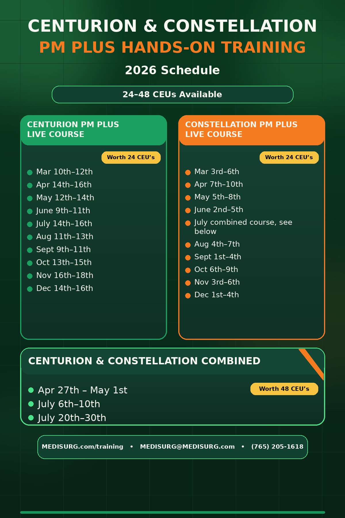 2026 Centurion & Constellation PM plus hands-on training schedule in green and orange flyer