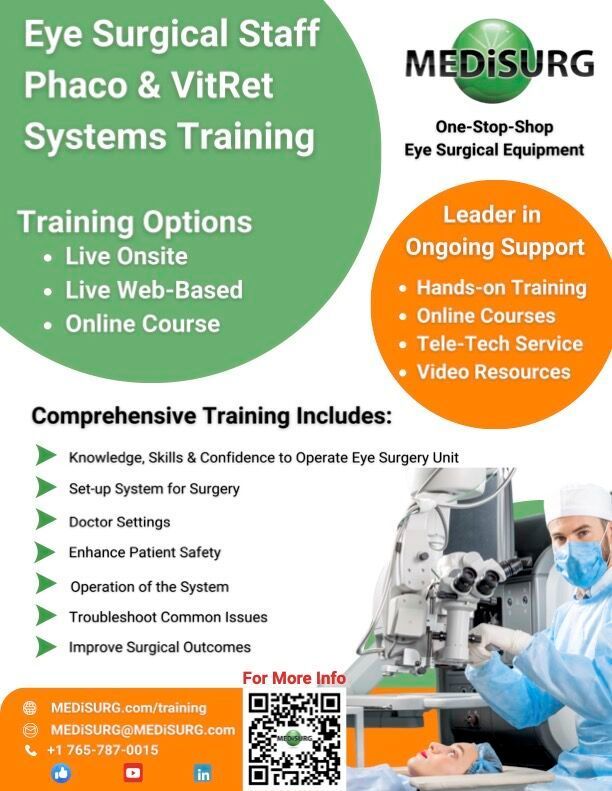 MEDISURG eye surgical staff training flyer with orange and green sections, training options, and contact details