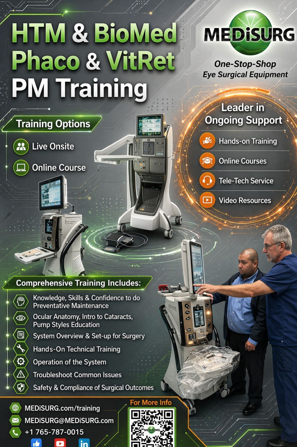 MEDISURG HTM & BioMed, Phaco & VitRet PM Training promo with surgical equipment and trainer on a dark background
